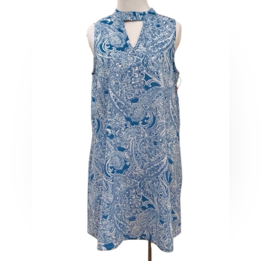 ELAN DRESS SHIFT BLUE WHITE PAISLEY SWING SLEEVELESS MEDIUM BOHO FAIRY BOHEMIAN